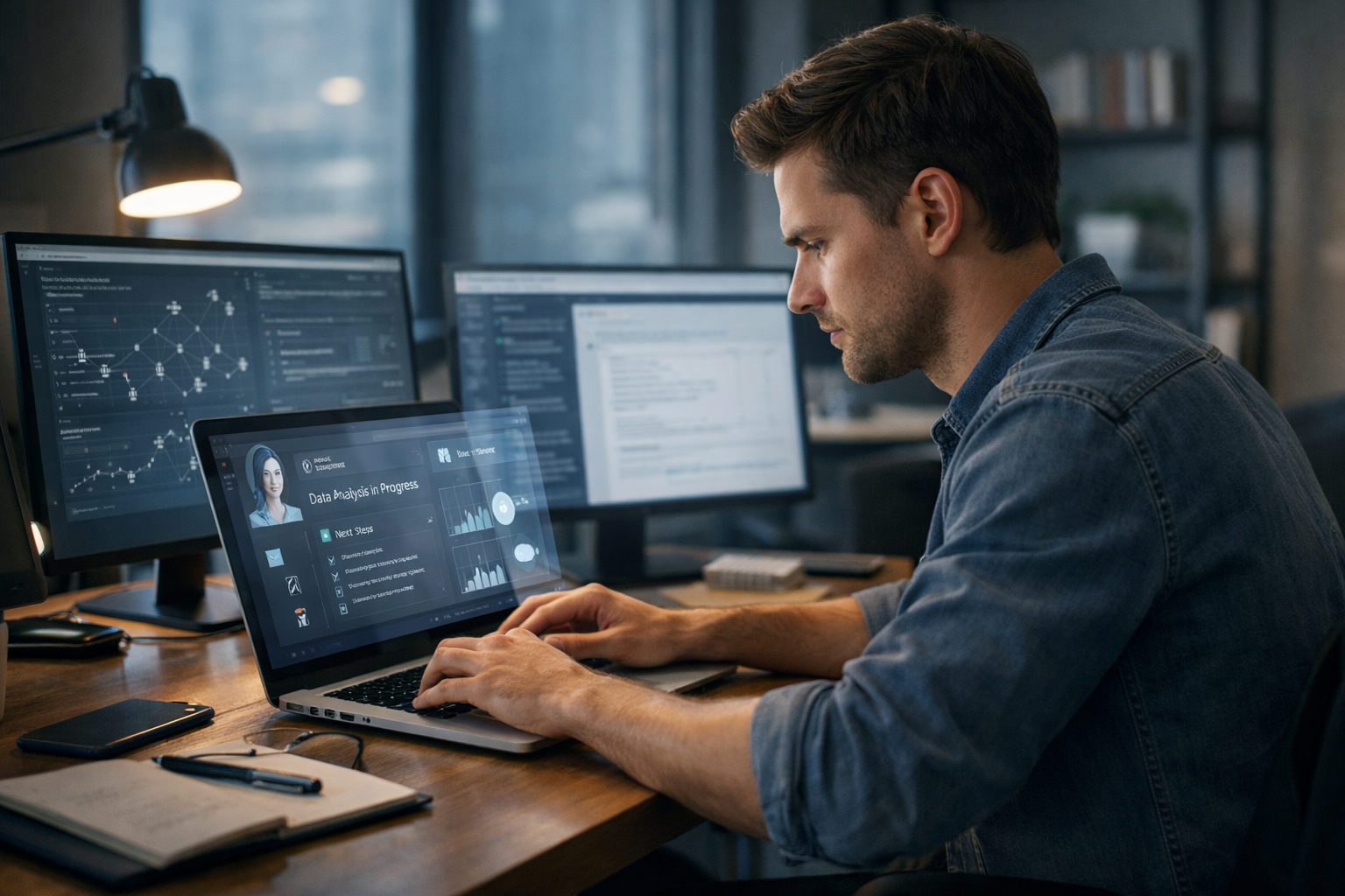 professionnel travaillant sur ordinateur avec interface intelligence artificielle dans un environnement de bureau moderne