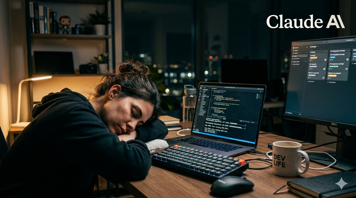 Développeur endormi devant son ordinateur pendant que des tâches continuent de s’exécuter automatiquement avec Claude Cowork en 2026