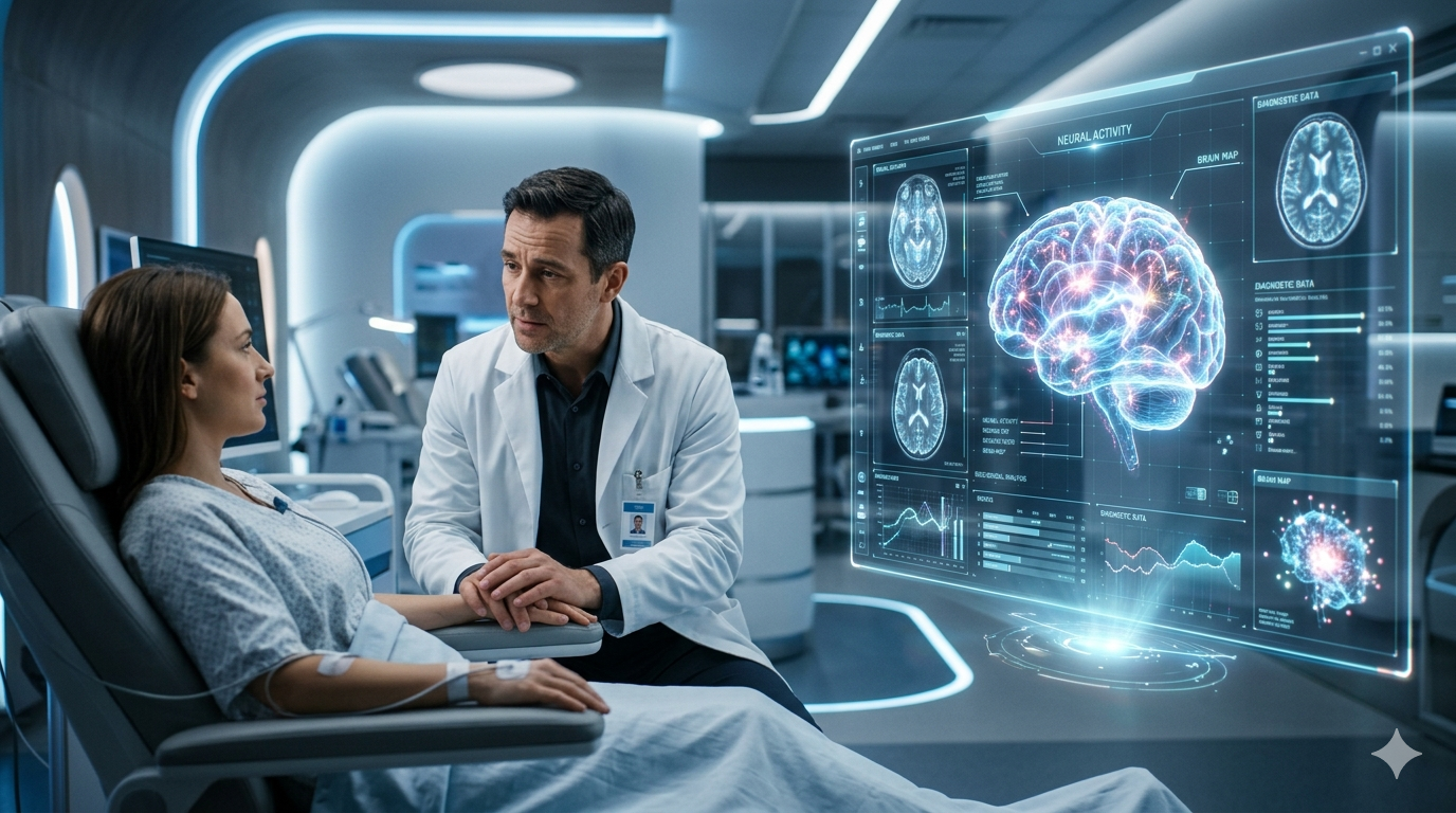 Médecin humain assisté par une intelligence artificielle analysant des données médicales dans un environnement futuriste