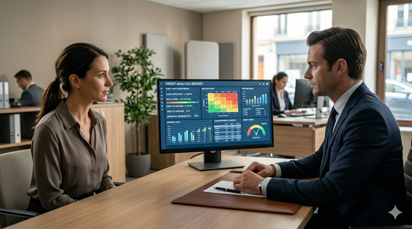 Interface d’intelligence artificielle analysant des données financières devant un homme dans une banque moderne
