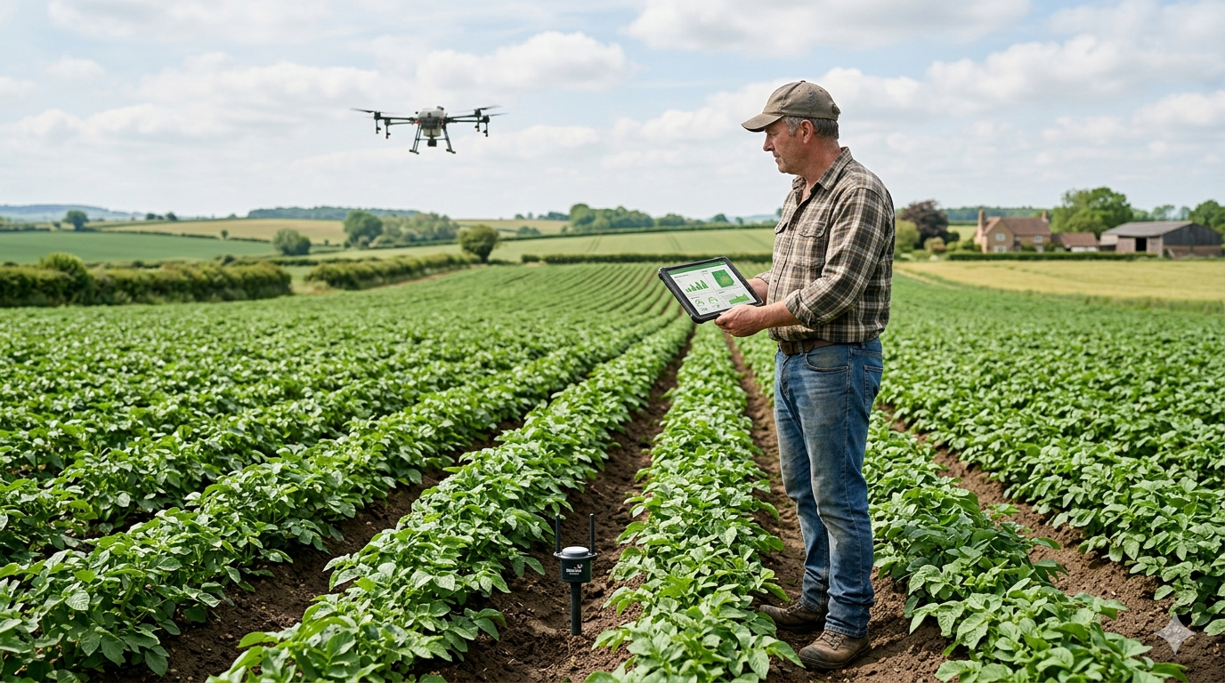 Agriculteur observant un champ avec des capteurs et un drone pour analyser les cultures