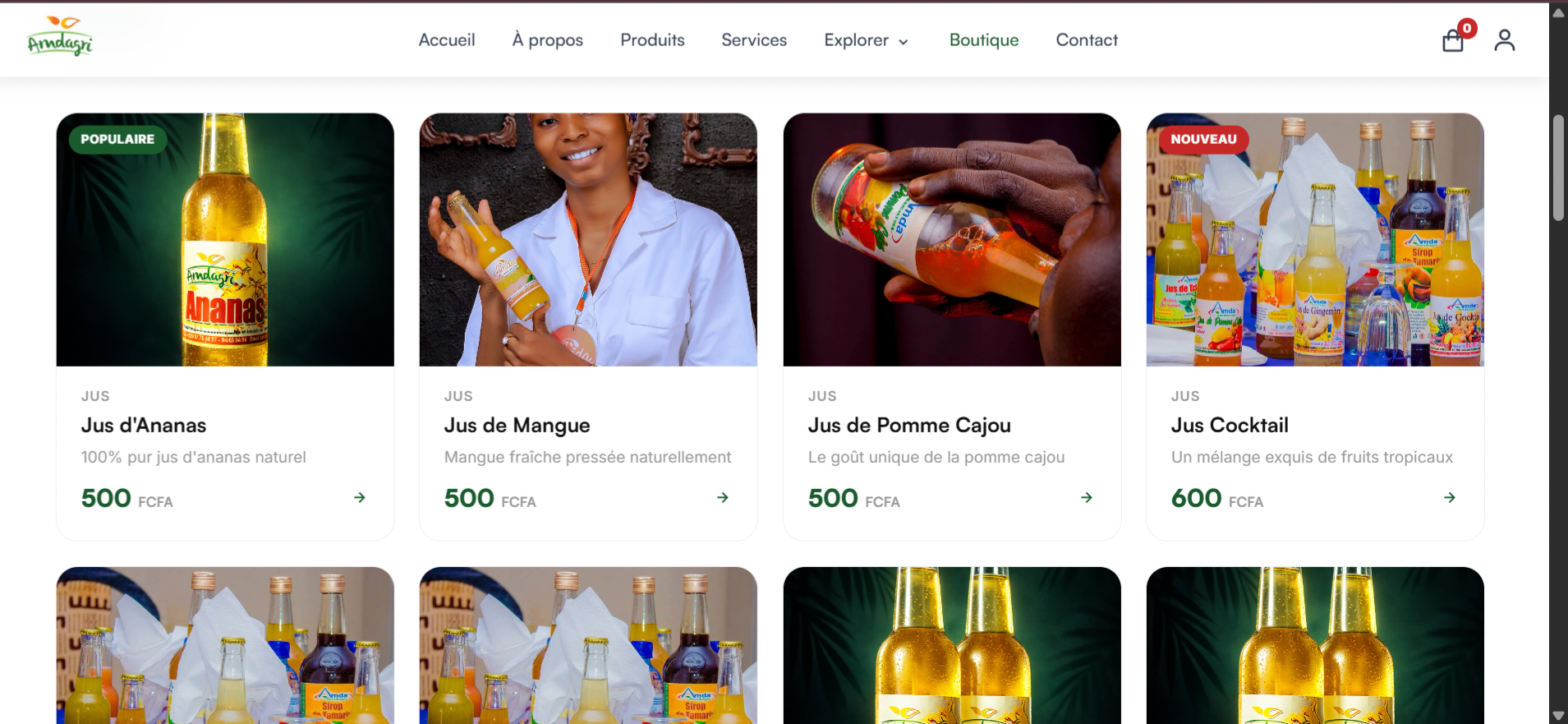 Interface e-commerce et panier d'achat Amdagri Shop