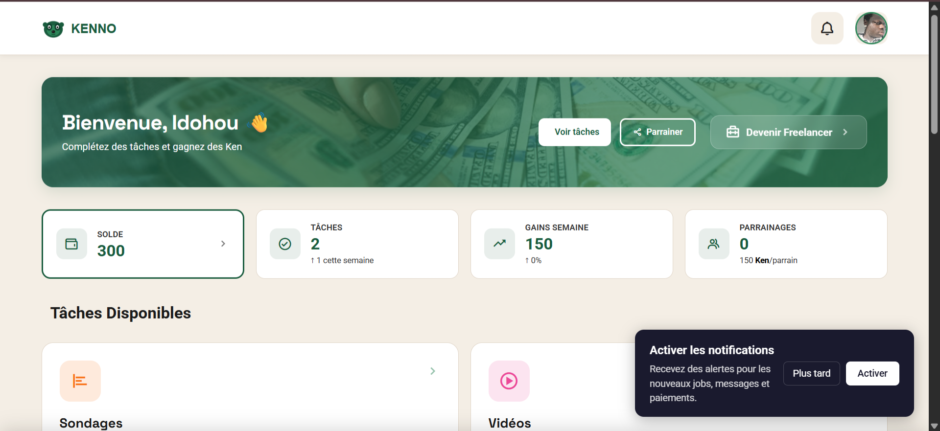 Dashboard des utilisateurs pour repondre aux sondage