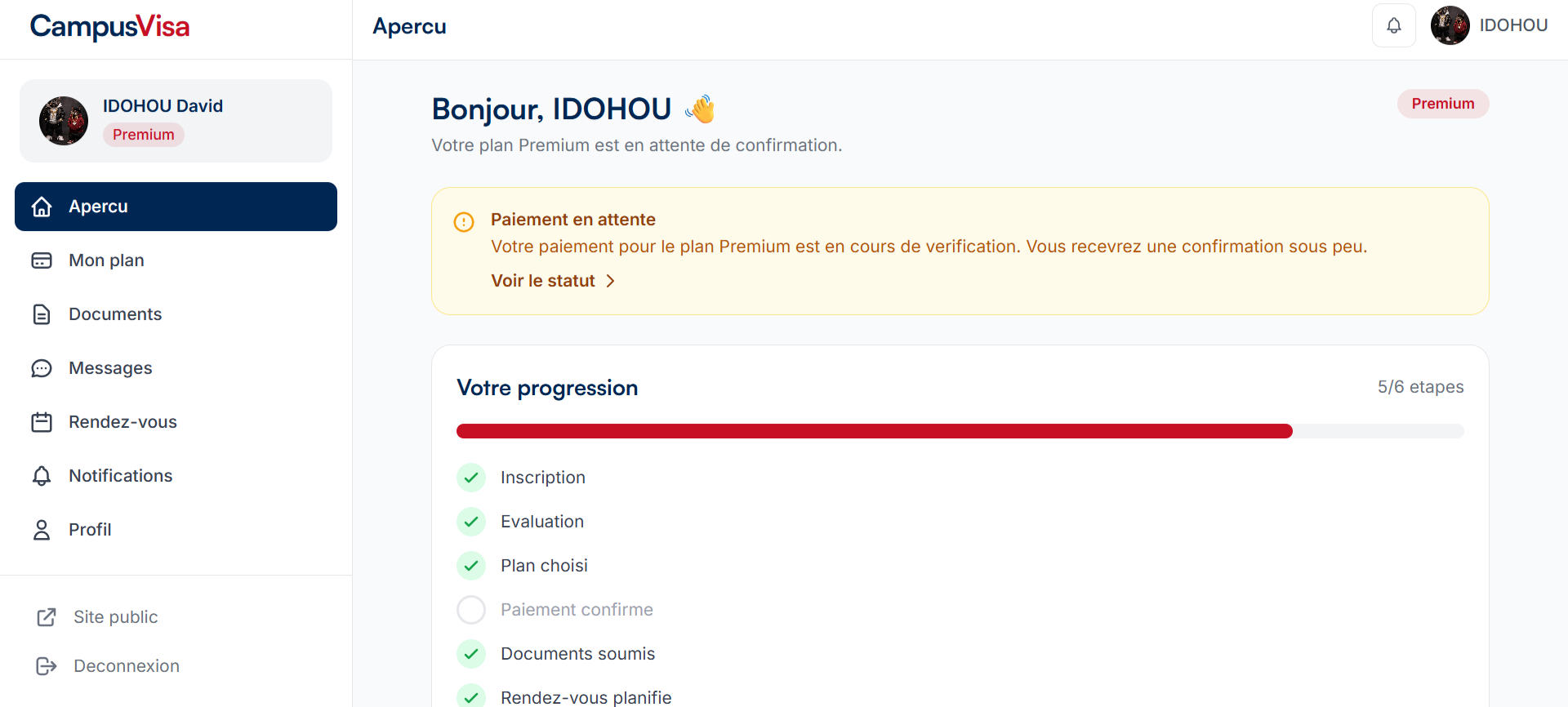 Dashboard des Étudiants pour leur progression